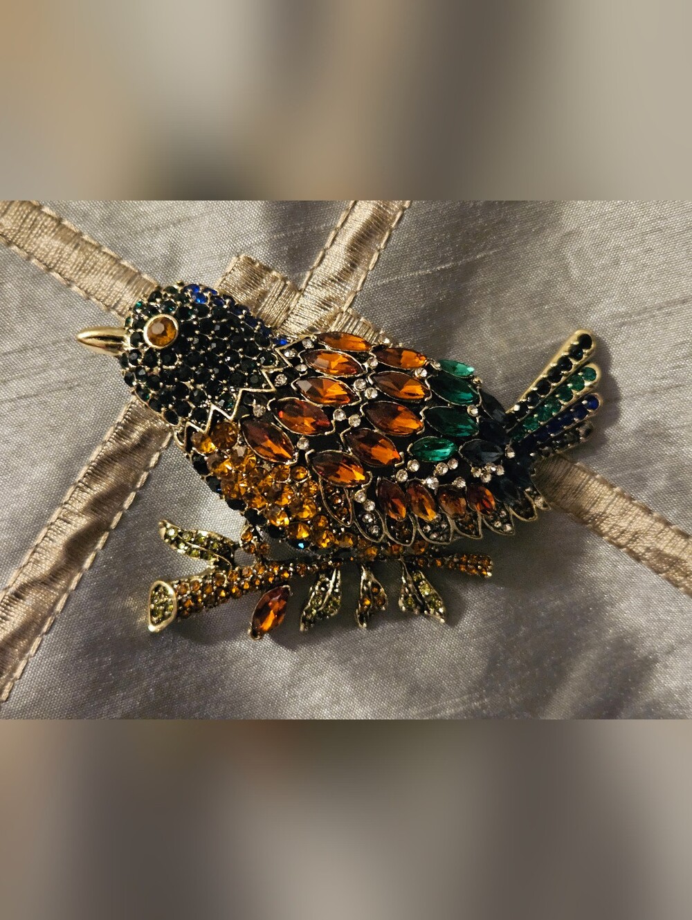 Large Crystal Bird Brooch in Amber, Green & Blue